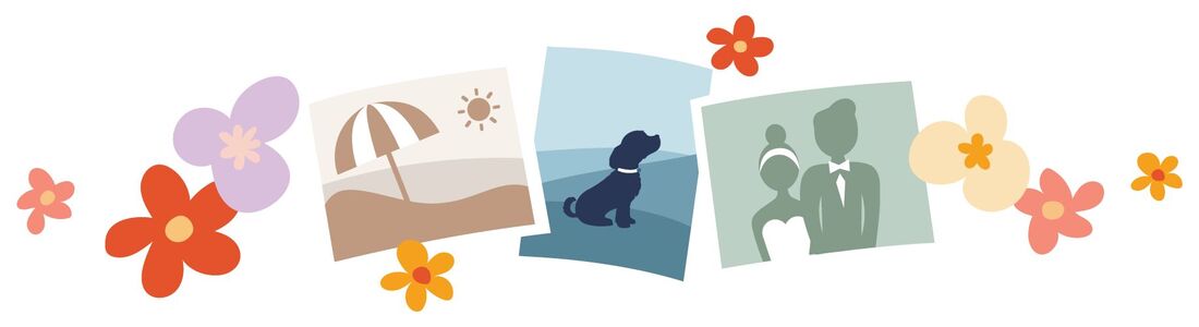 Illustration mit Blumen und drei Fotos